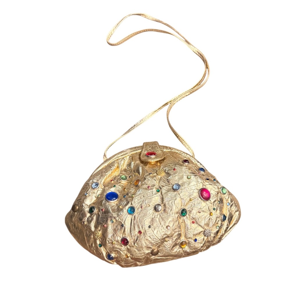 Vintage Gold Metallic Jeweled  Bag Crossbody Clutch Multi Color Gemstone